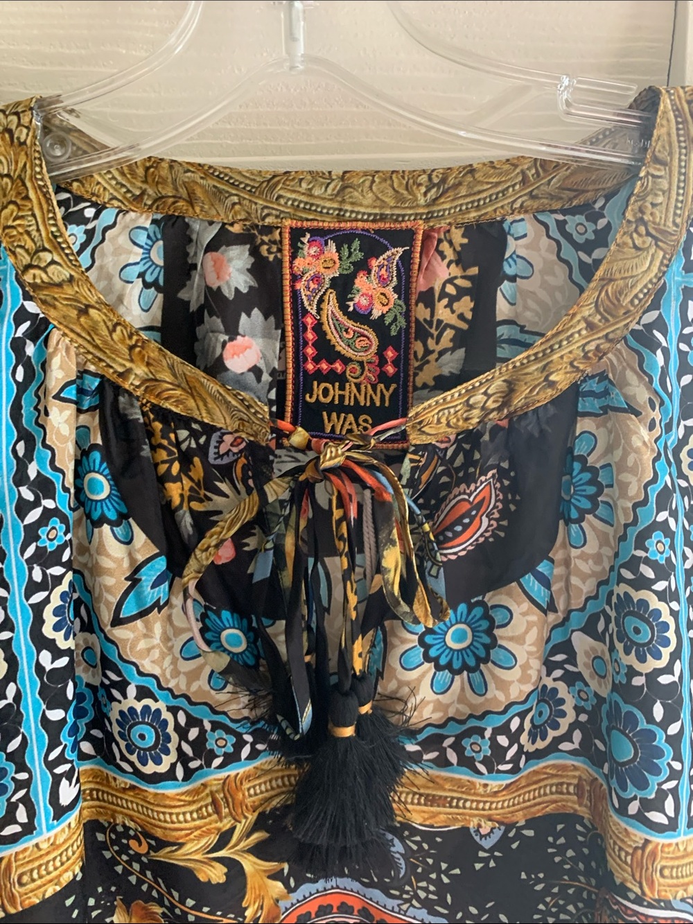 Johnny Was Black Floral Paisley V-Neck Tunic with Gold Trim - Picture 2 of 8